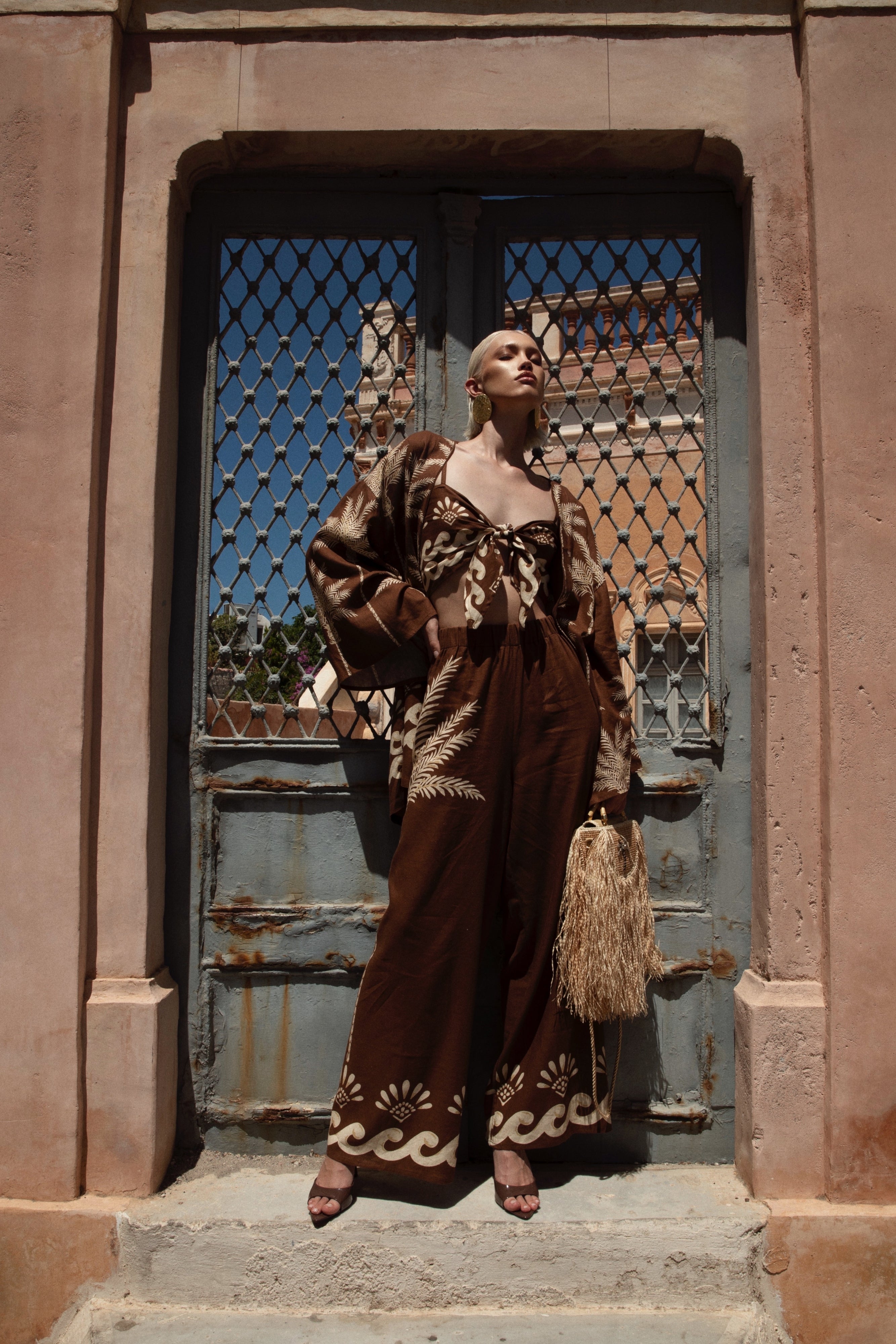 MAXI PANTS LINO PALM BROWN - IVORY